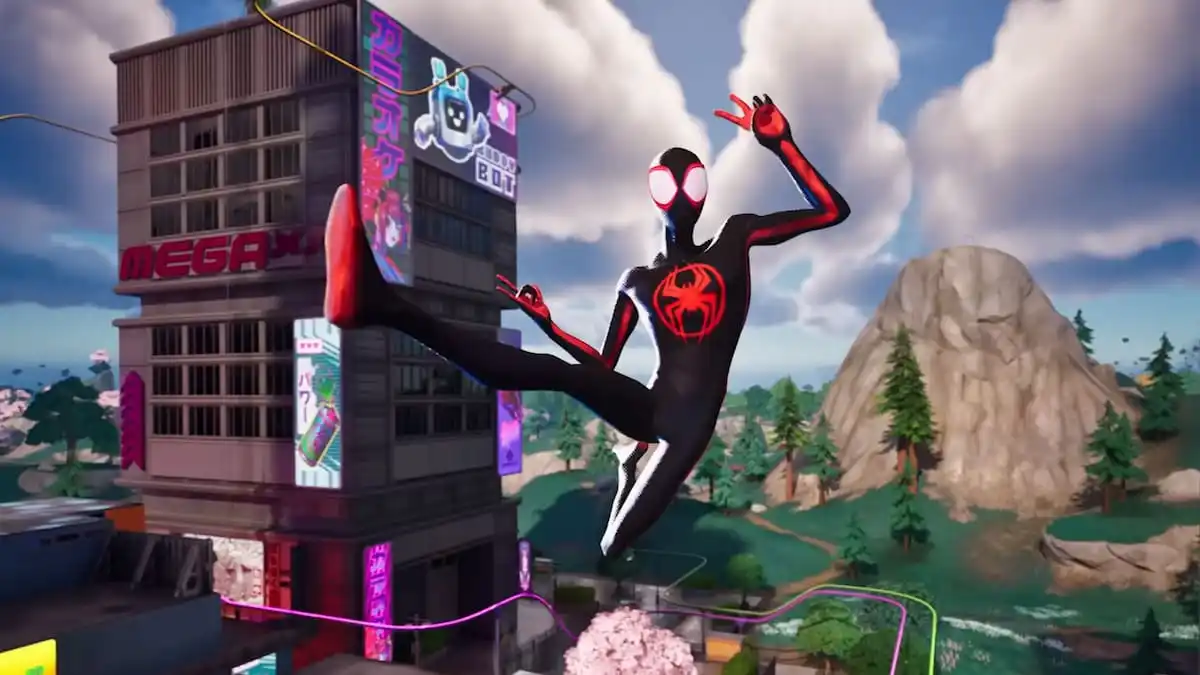 Miles Morales swinging through city skyline