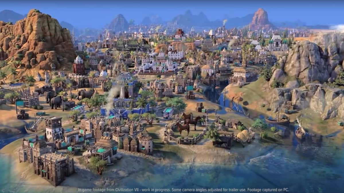 Civilization 7 cityscape with mountains