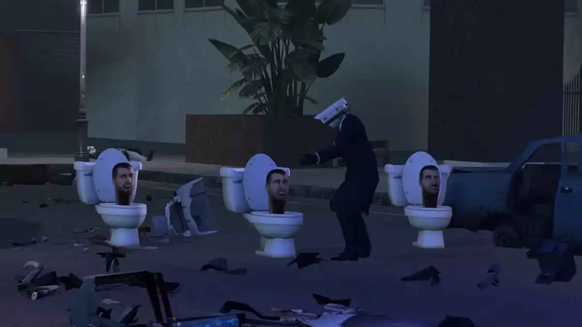 Man surrounded by toilet-head creatures