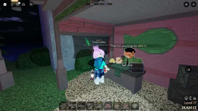 Roblox character examines diamond fish