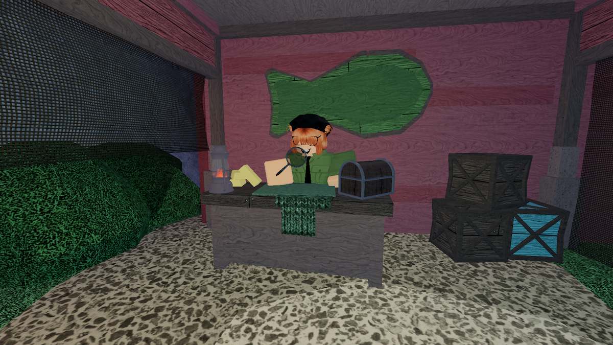 Roblox character appraises fish at desk