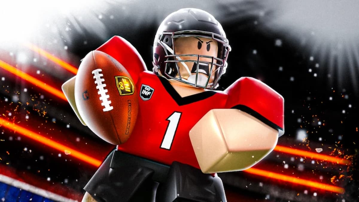 Football player holding ball, red uniform