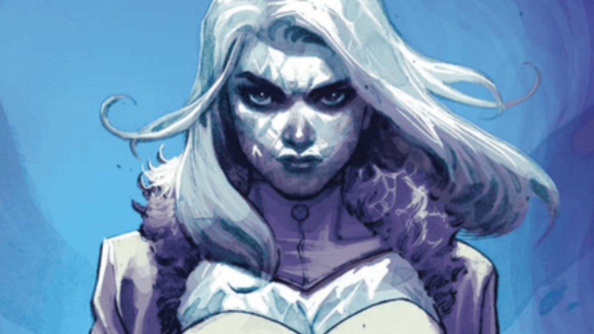 Emma Frost with flowing white hair