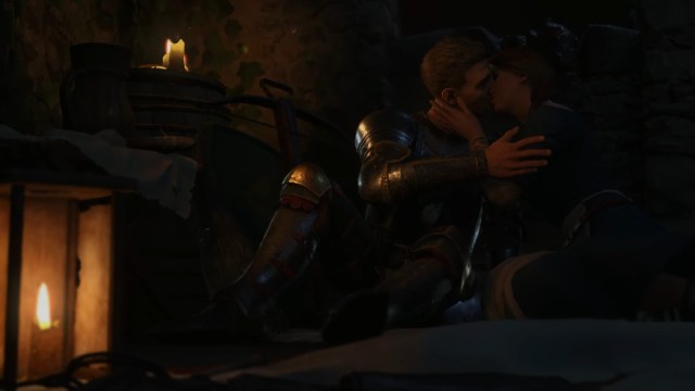 Medieval couple embracing romantically