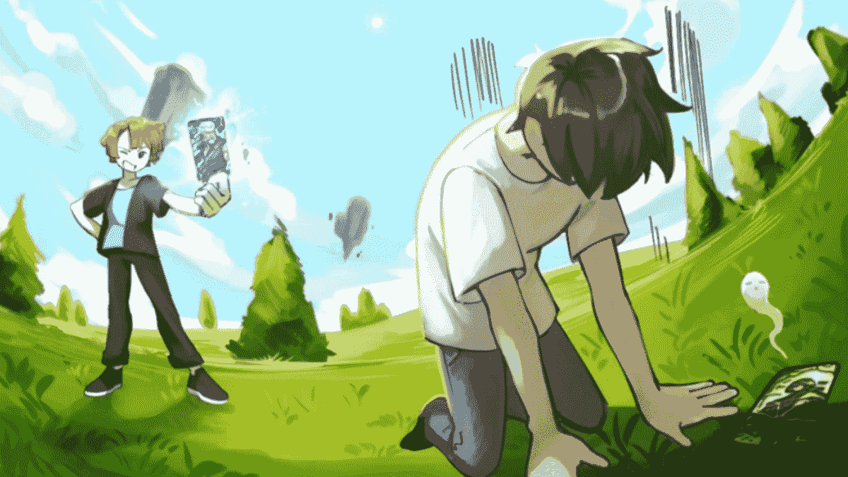 Two characters standing in grassy field